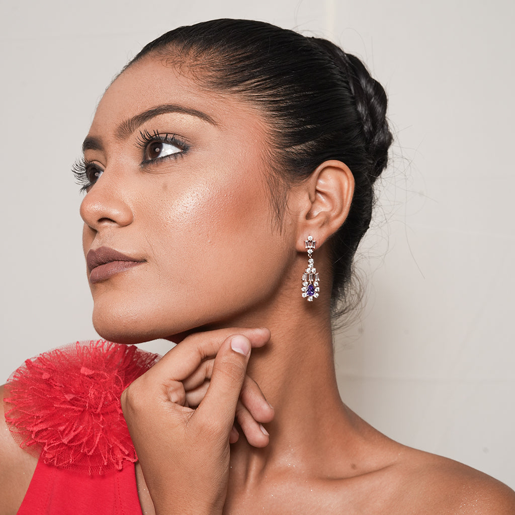 Silver Blue Pear and Baguette Drop Earrings 1