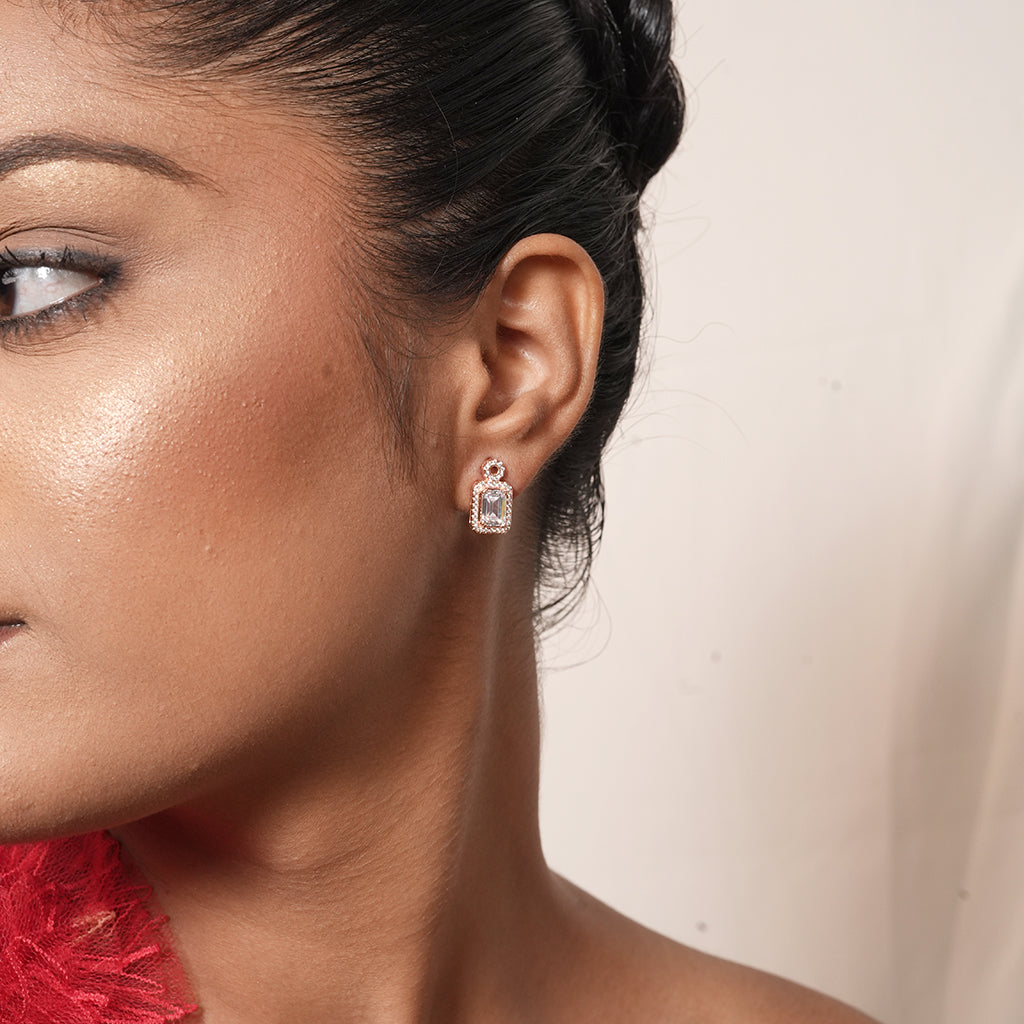 Silver Emerald Cut Halo Stud Earrings