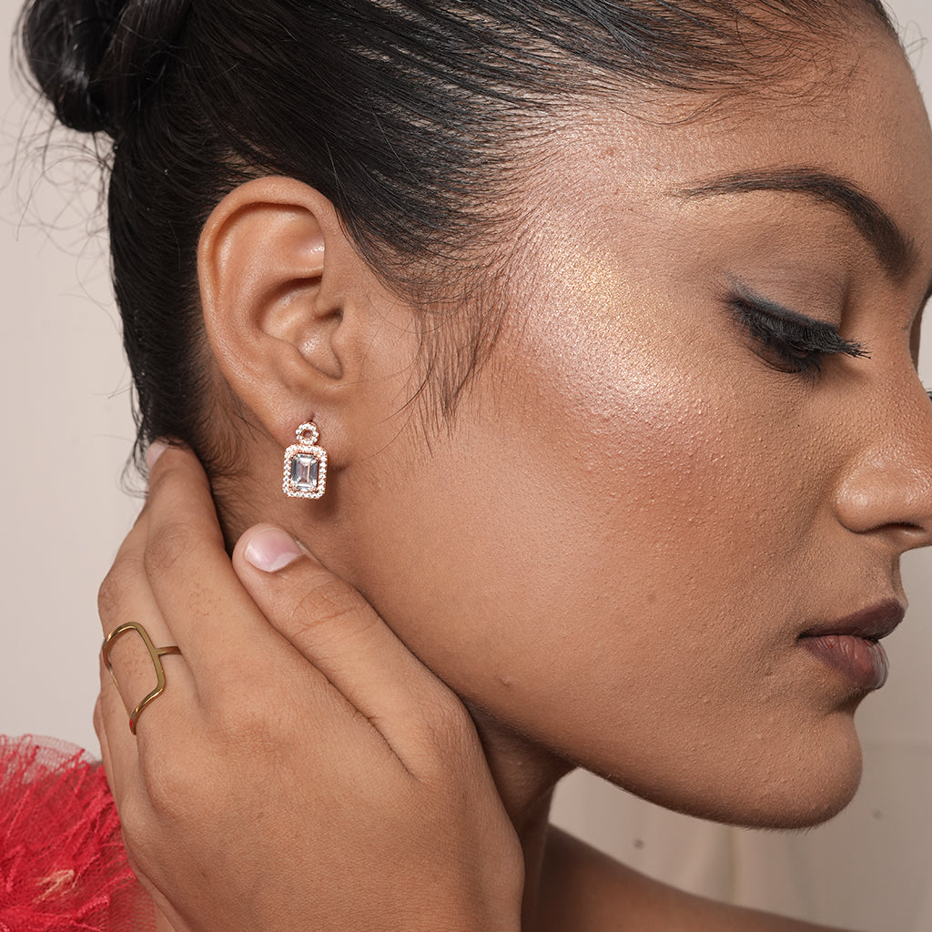 Silver Emerald Cut Halo Stud Earrings