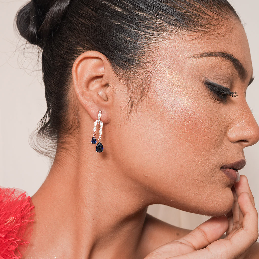 Silver Blue Pear Hoop Drop Earrings 1