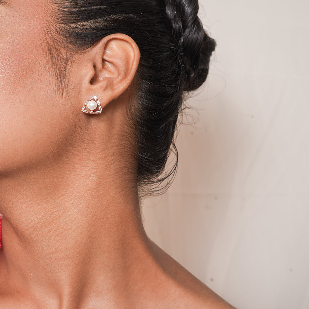 Silver Pearl Triangle Stud Earrings 1
