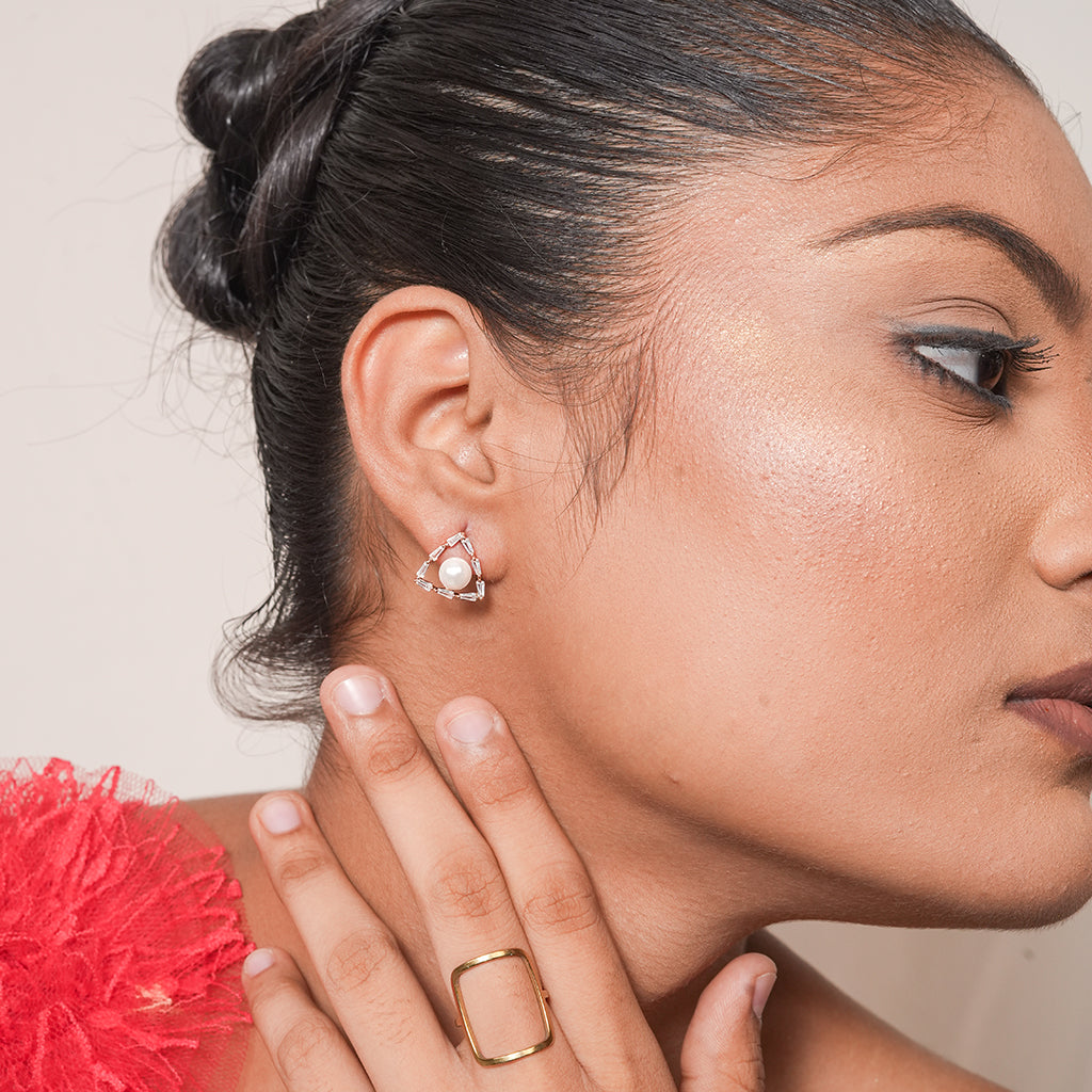 Silver Pearl Triangle Stud Earrings 2