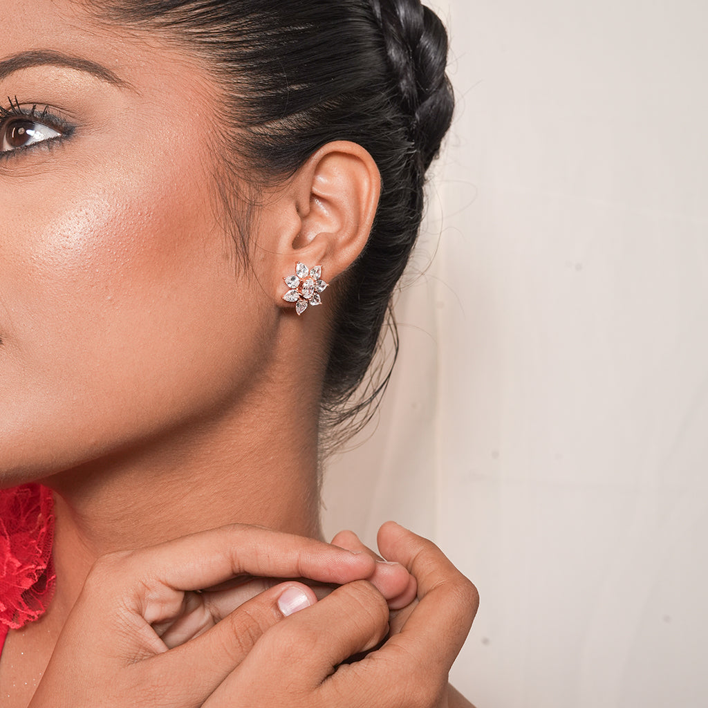Silver Floral CZ Cluster Stud Earrings 1