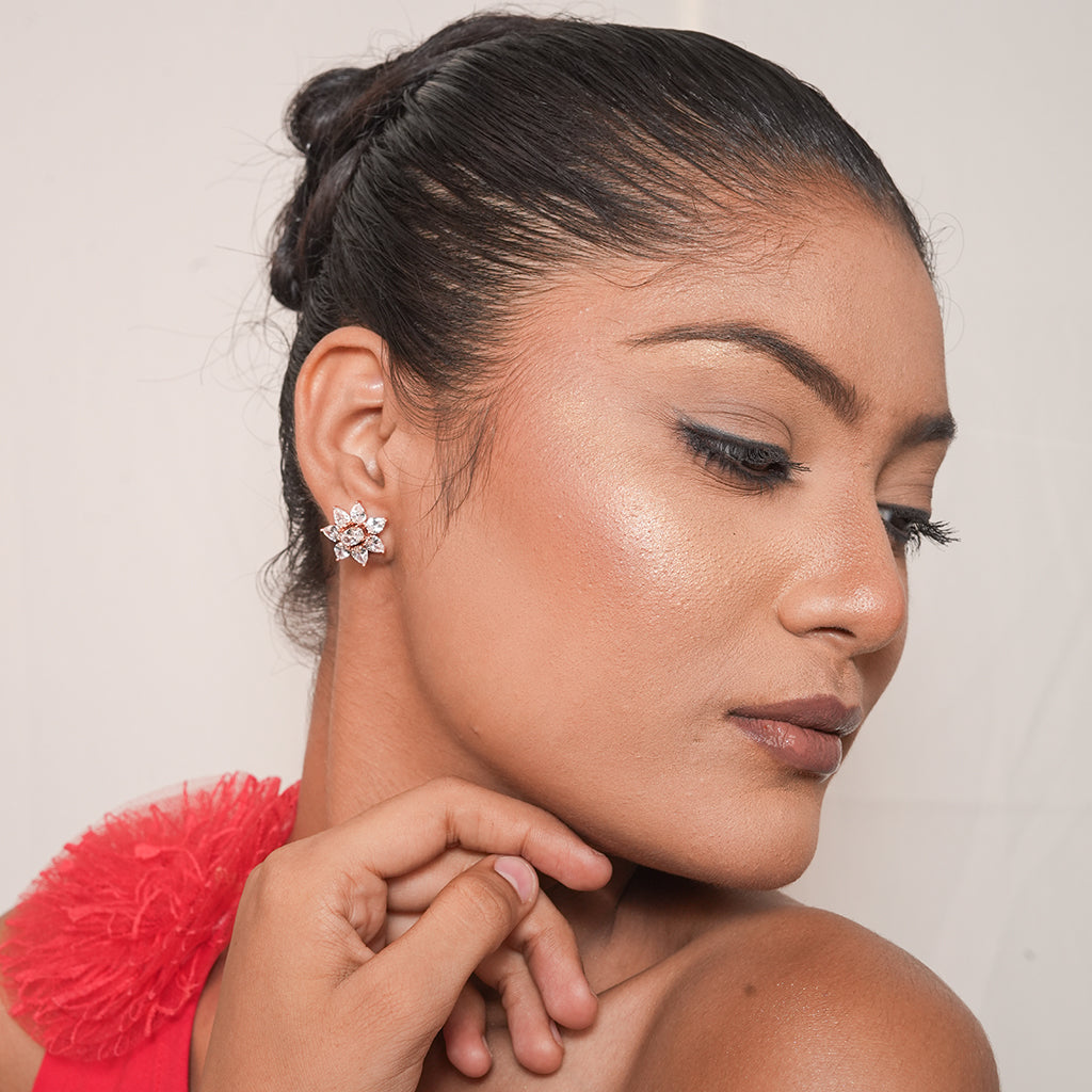 Silver Floral CZ Cluster Stud Earrings 2
