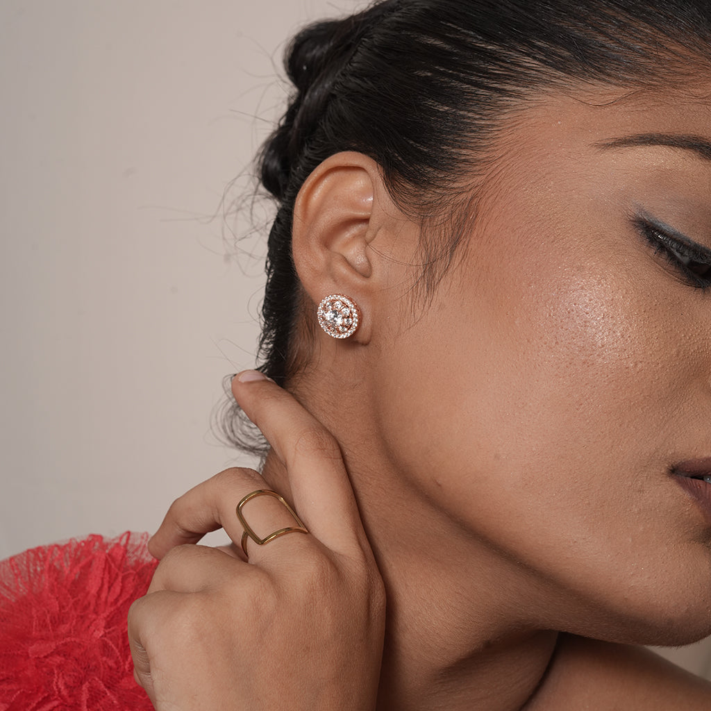 Silver Round Halo Cluster Stud Earrings 2