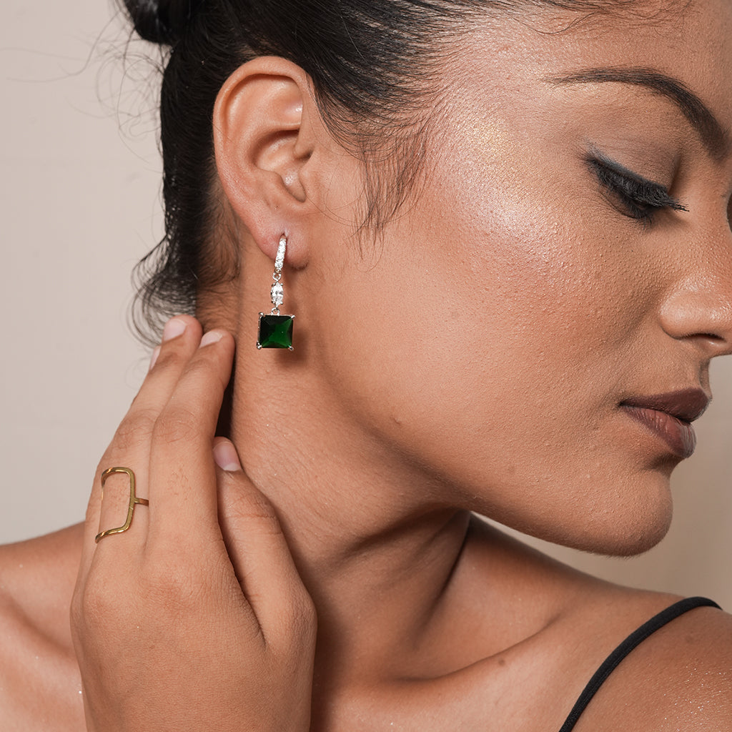 Silver Green Emerald Cut Drop Earrings