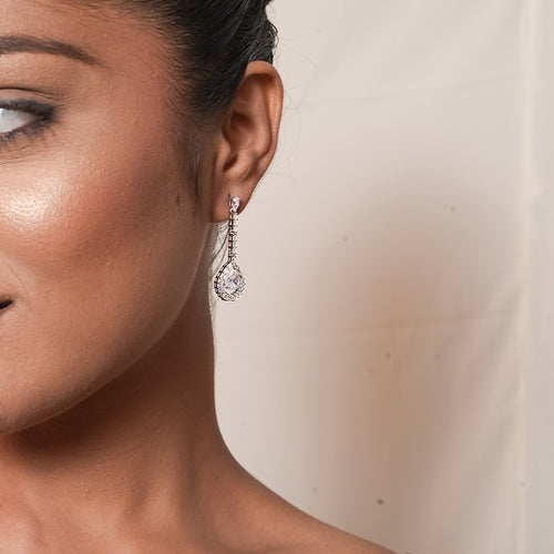 Silver Teardrop Halo Drop Earrings