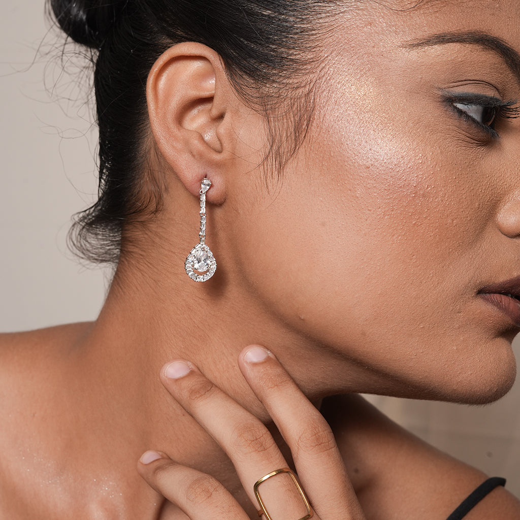 Silver Teardrop Halo Drop Earrings