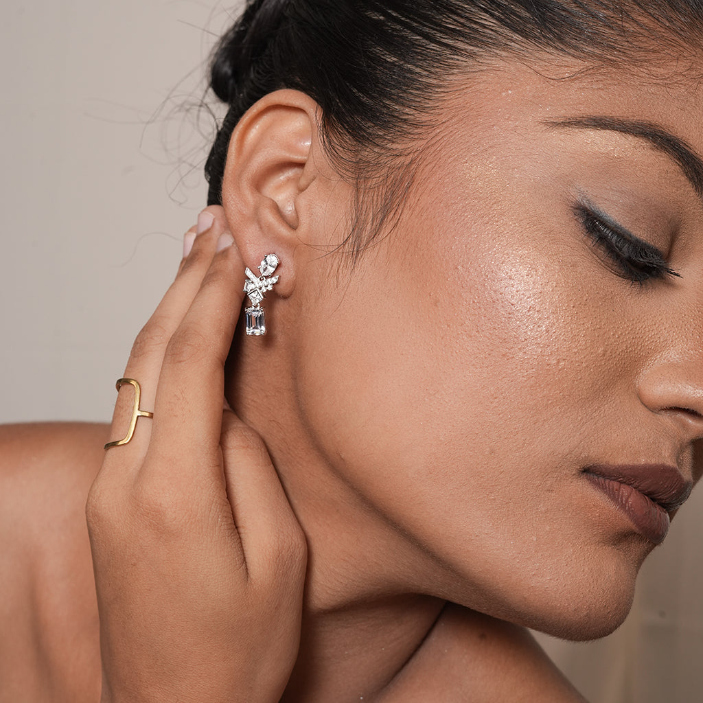 Silver Emerald Cut Drop Earrings