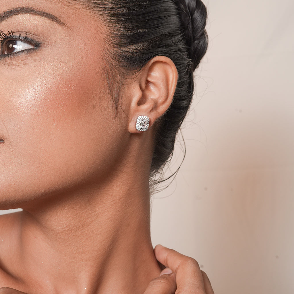 Silver Emerald-Cut CZ Halo Stud Earrings 1