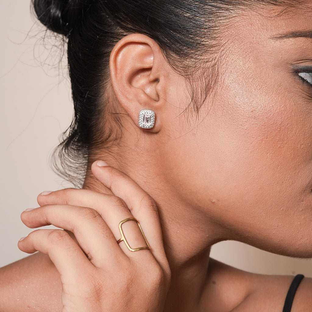Silver Emerald-Cut CZ Halo Stud Earrings 2
