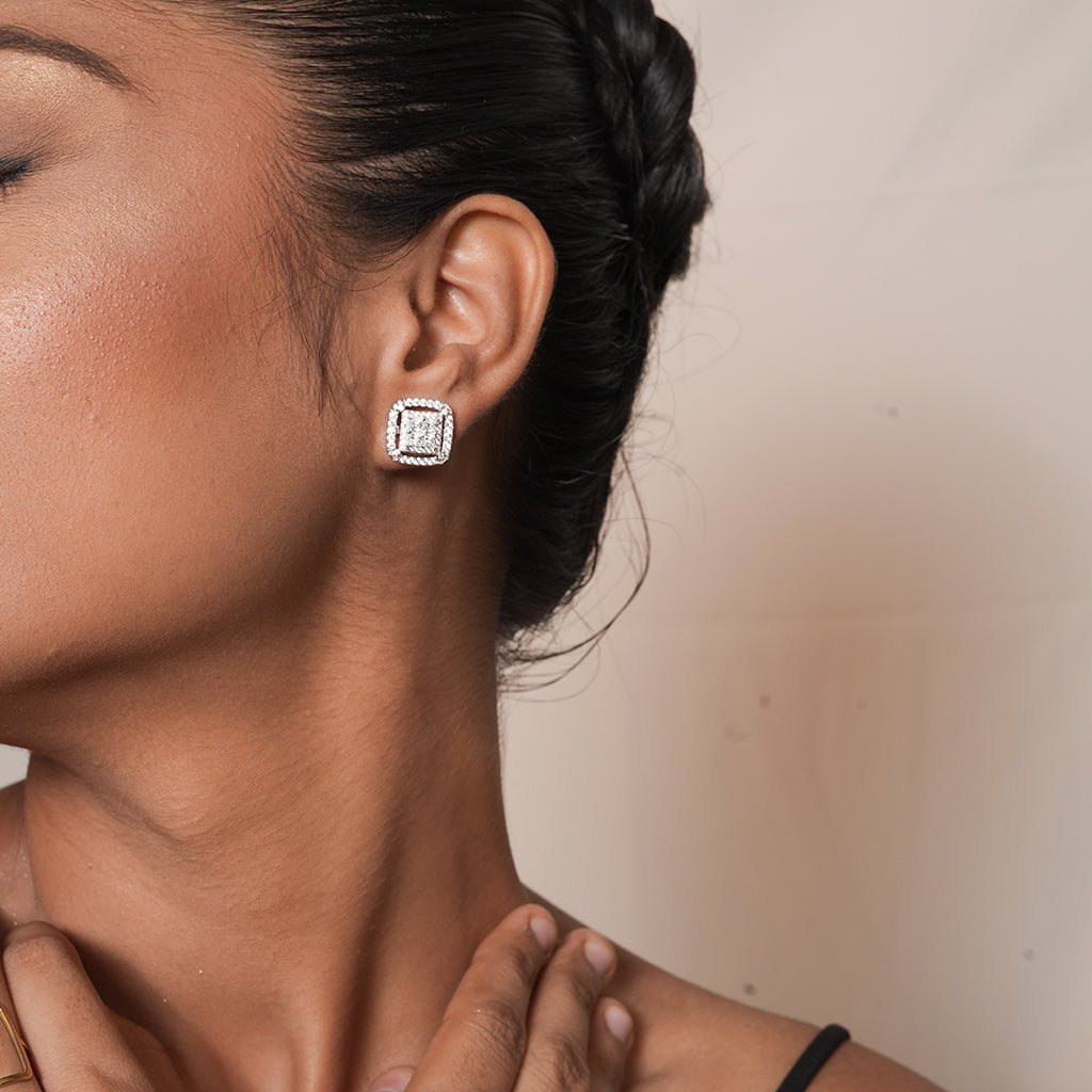 Silver Cushion Halo Stud Earrings