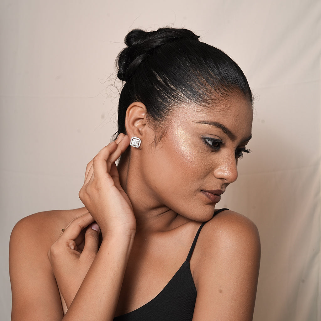 Silver Cushion Halo Stud Earrings