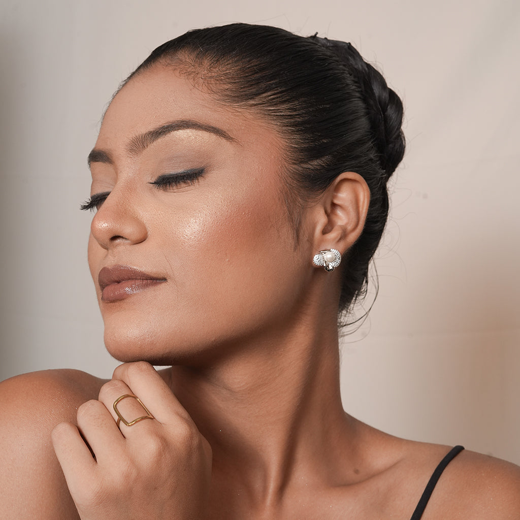Silver Oval Halo Stud Earrings
