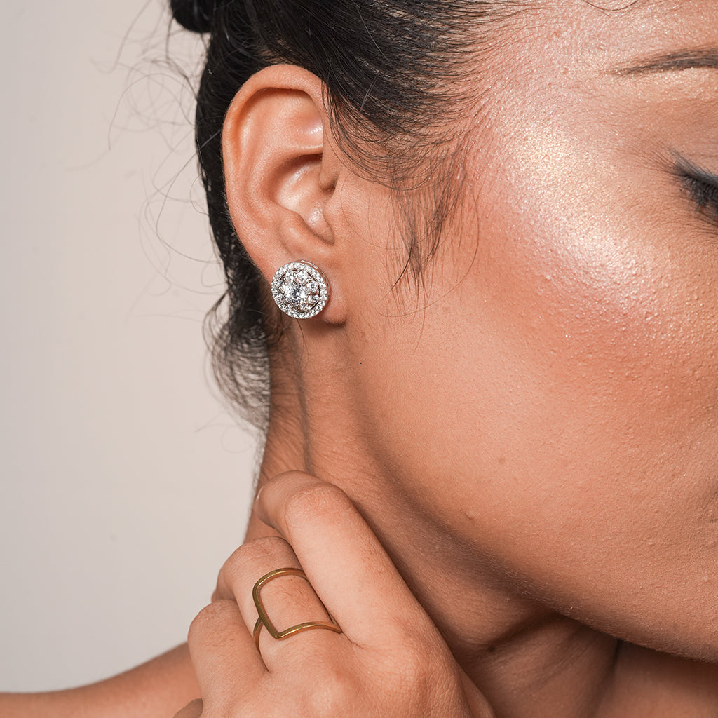 Silver Pave Round Stud with Pearl Drop Earrings 3
