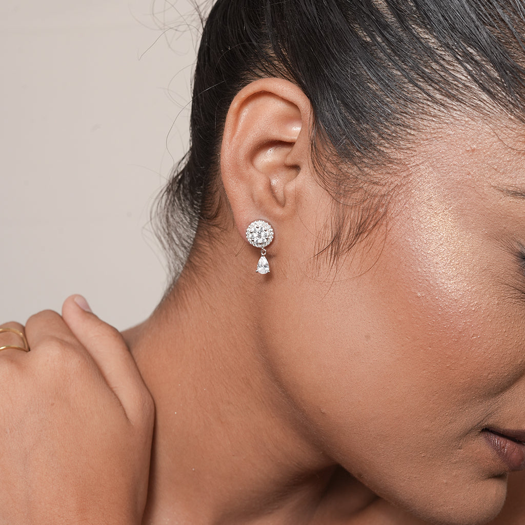 Silver Round Halo Drop Earrings