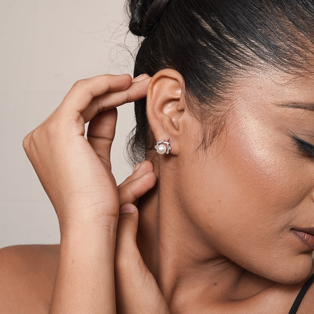 Silver Pearl Flower Stud Earrings