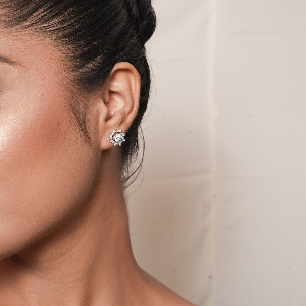 Silver CZ Flower Stud Earrings