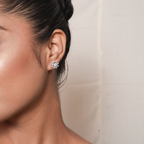 Silver CZ Flower Stud Earrings
