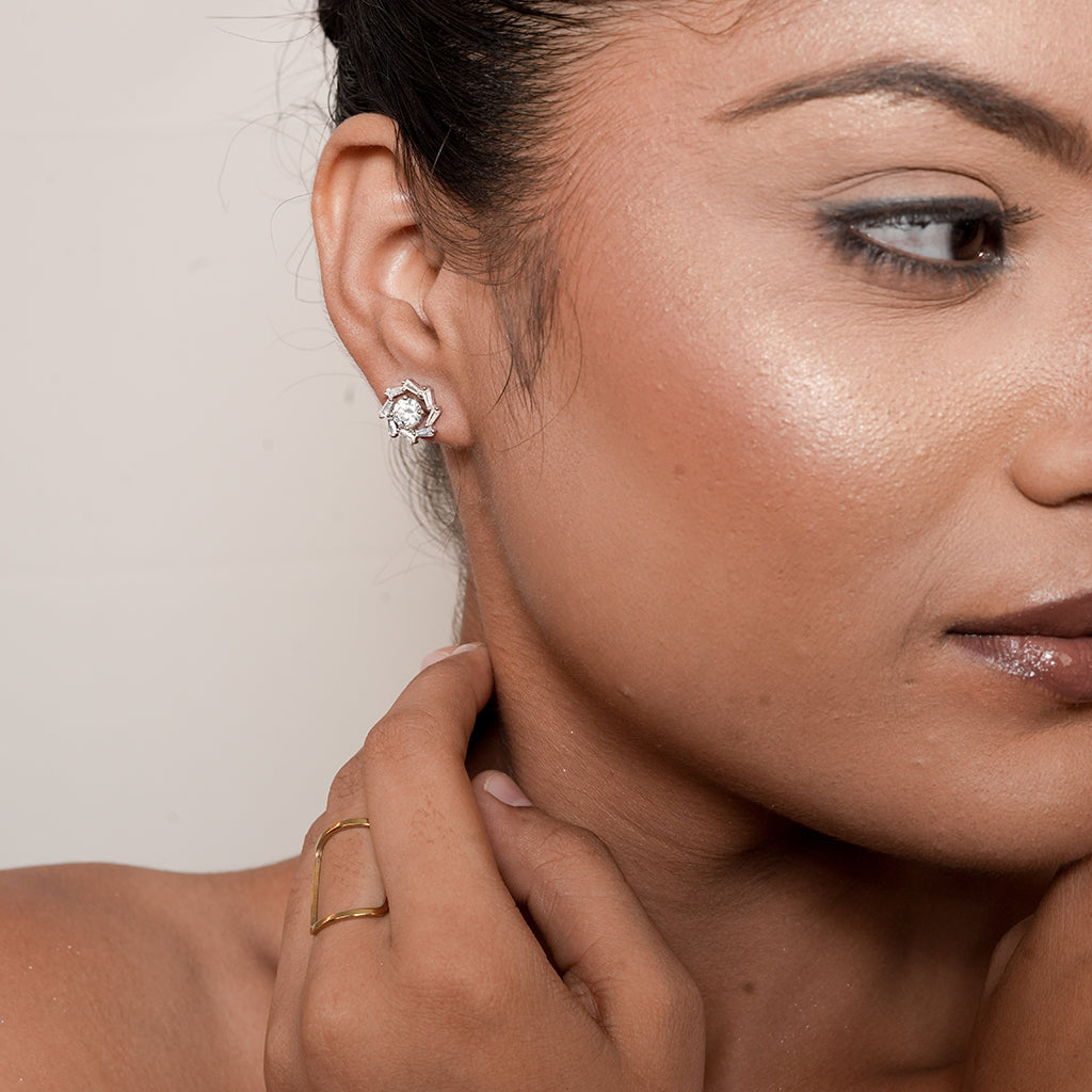 Silver CZ Flower Stud Earrings