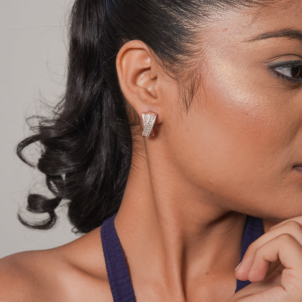 Rose Gold Pave Crossover Huggie Earrings 1