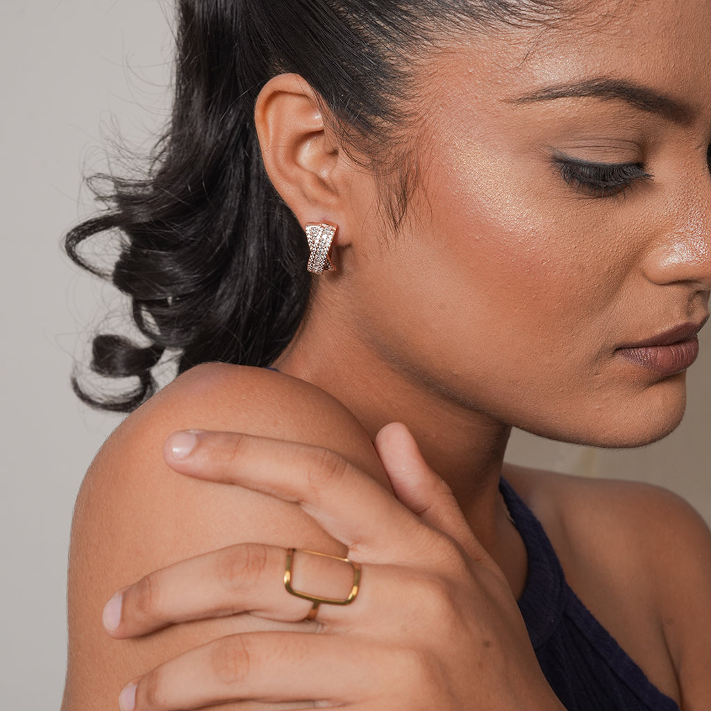 Rose Gold Pave Crossover Huggie Earrings 2