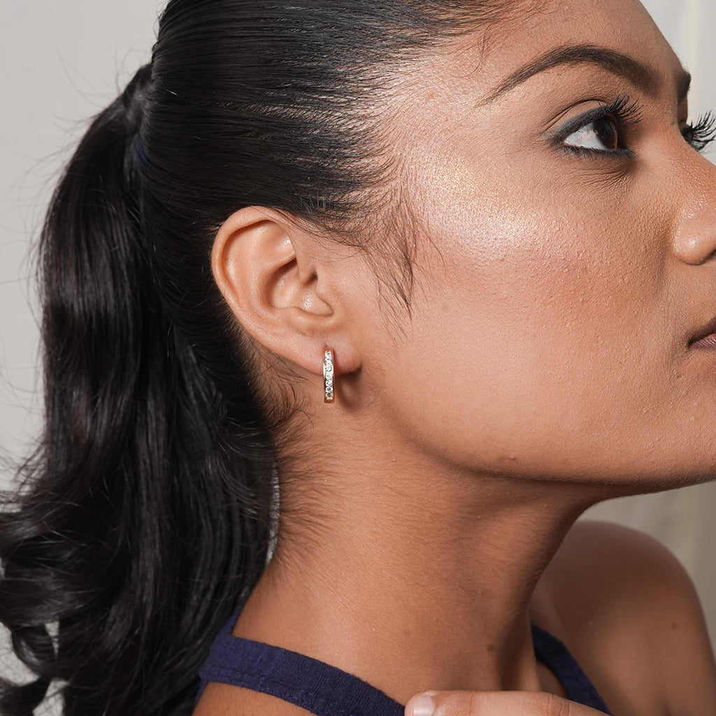 Silver Rose Gold-Plated Pave Huggie Earrings 2