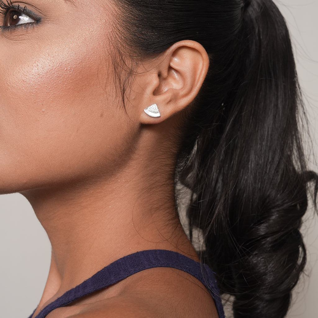 Silver Pave Mother-of-Pearl Fan Stud Earrings 2