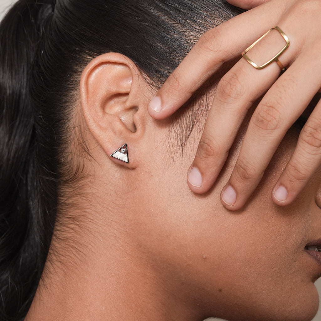 Silver Mother-of-Pearl Triangle Stud Earrings 1