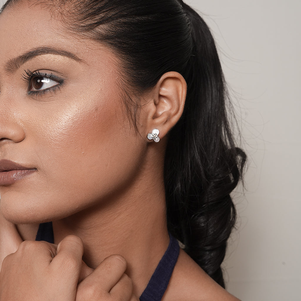 Silver Floral-Centre Mother-of-Pearl Trefoil Stud Earrings