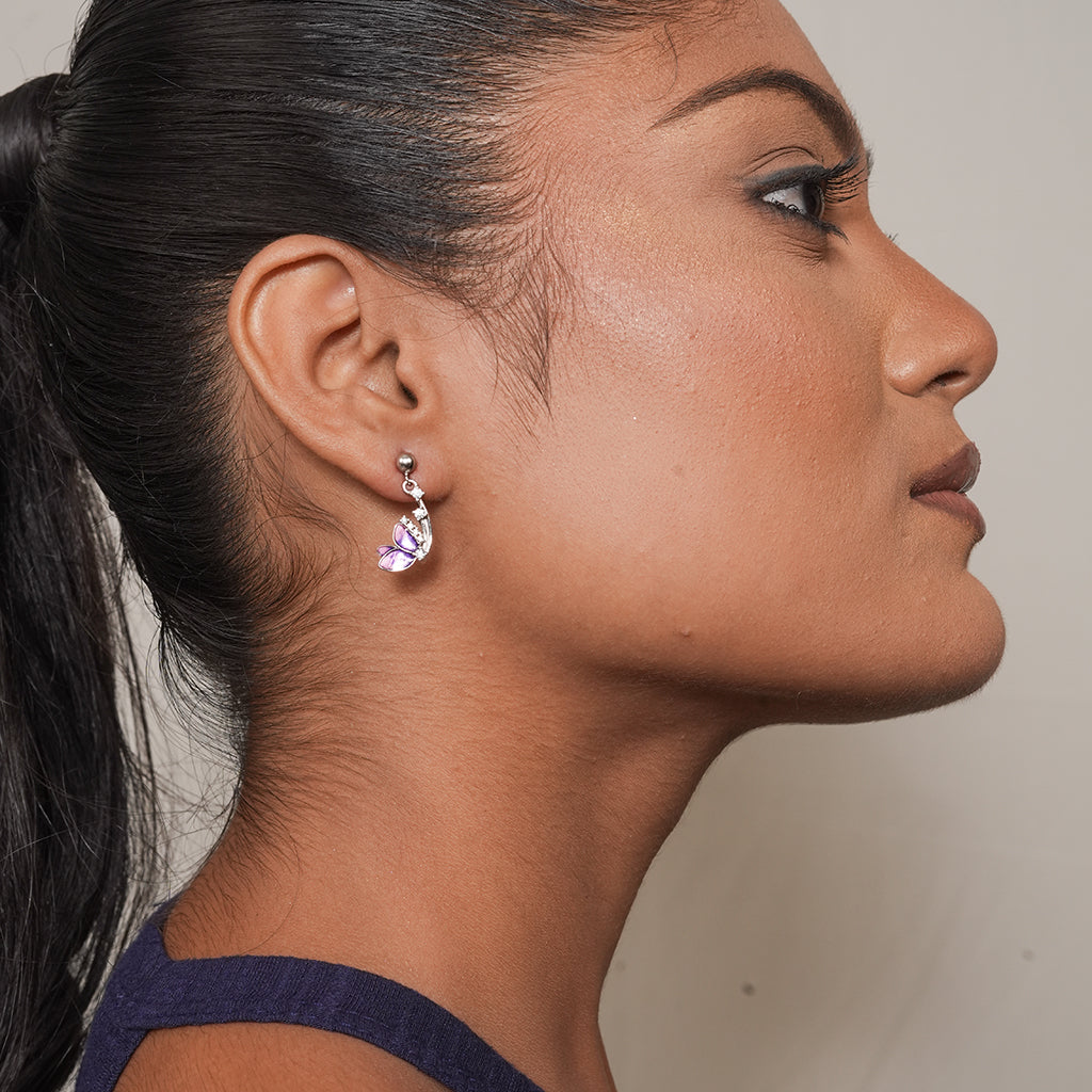 Silver Purple Enamel Butterfly Drop Earrings 1
