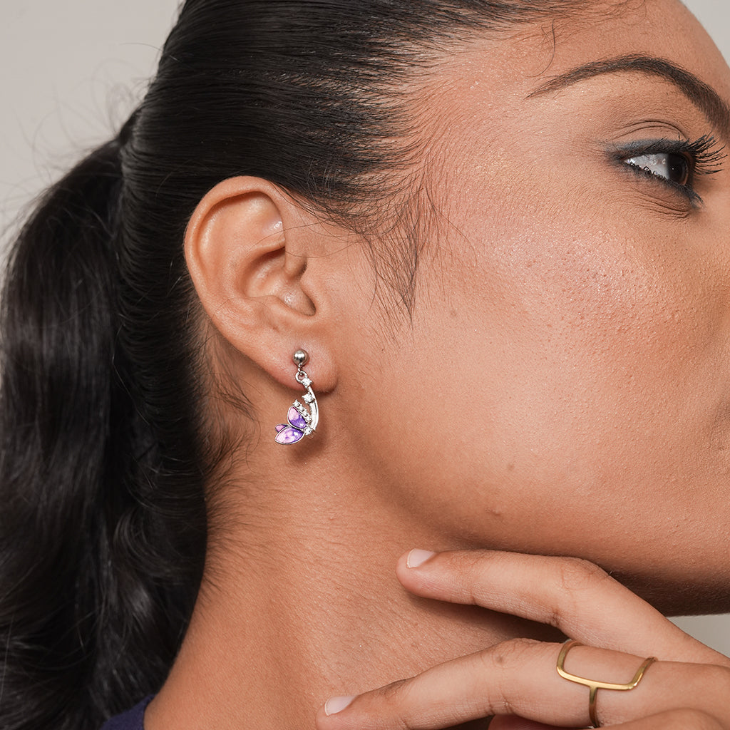 Silver Purple Enamel Butterfly Drop Earrings 2