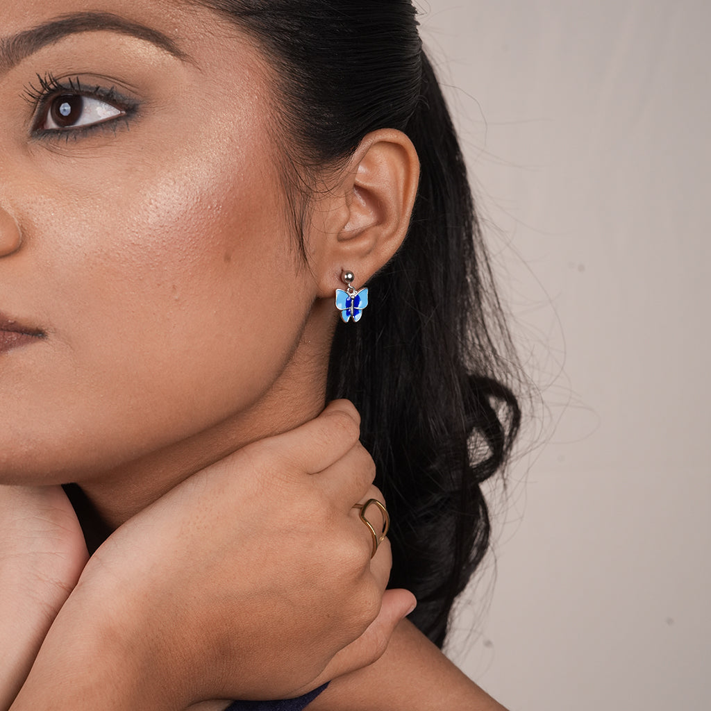 Silver Yellow Enamel Butterfly Stud Earrings