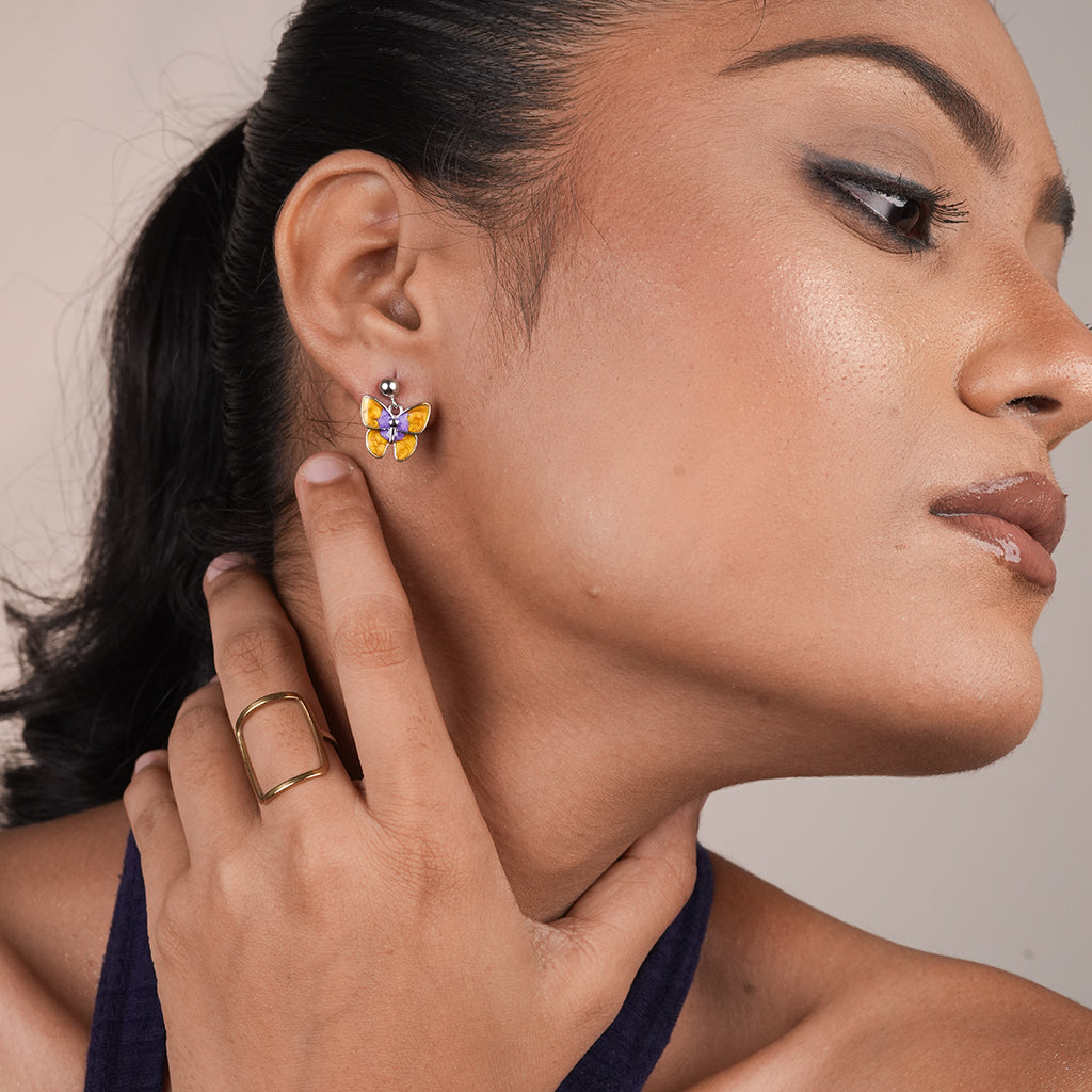 Silver Yellow Enamel Butterfly Stud Earrings
