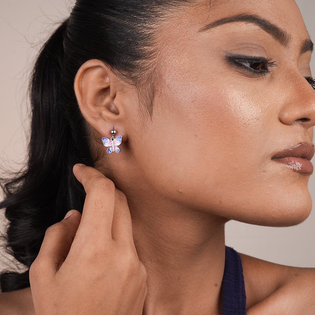 Silver Yellow Enamel Butterfly Stud Earrings