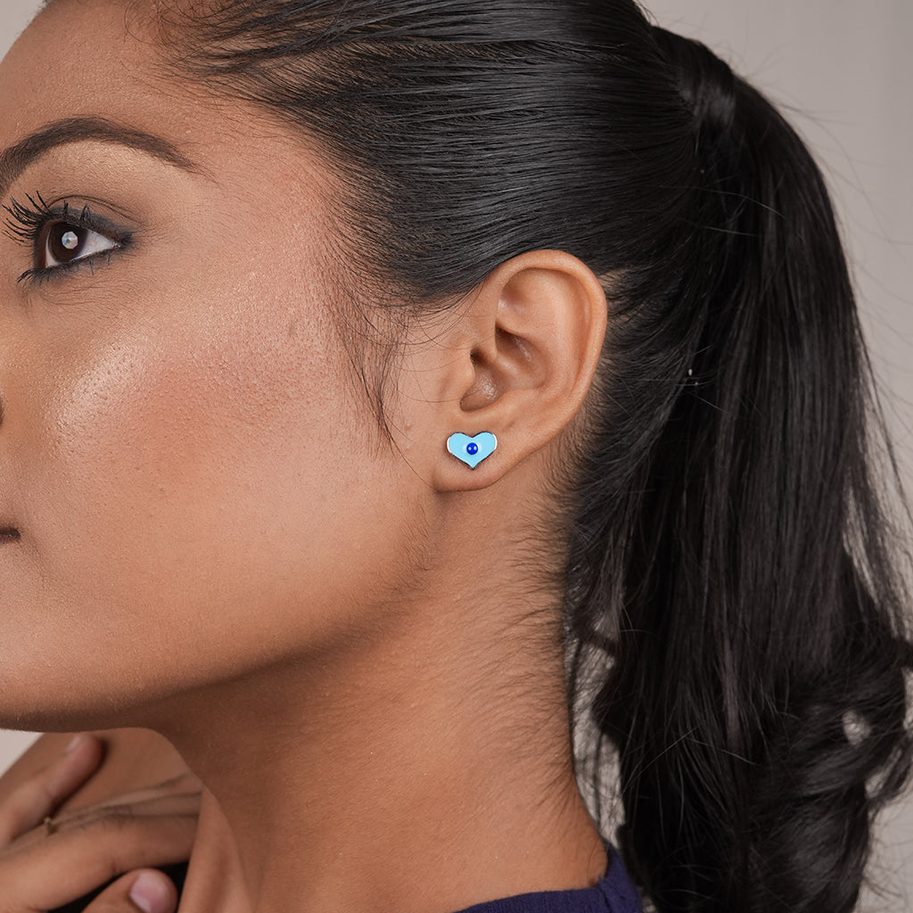 Silver White Enamel Heart Stud Earrings