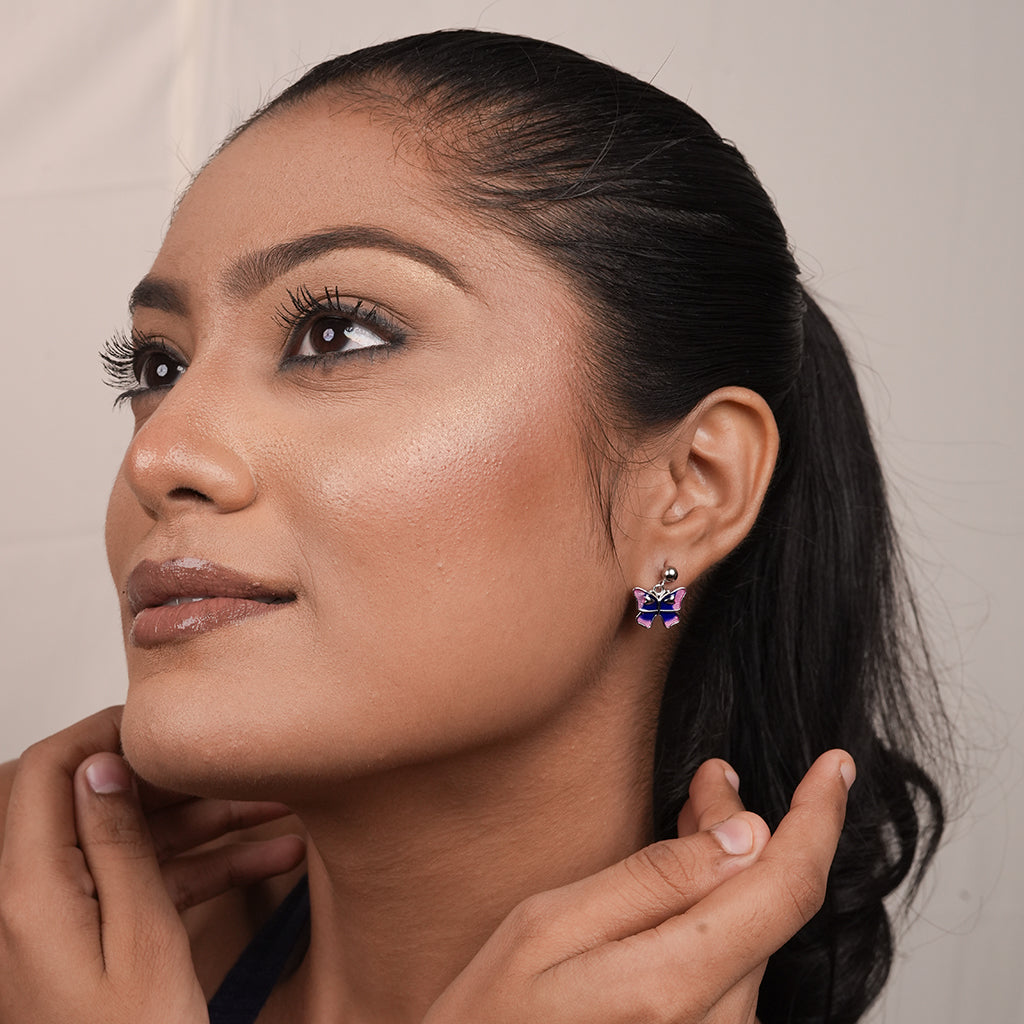 Silver Purple Enamel Drop Earrings
