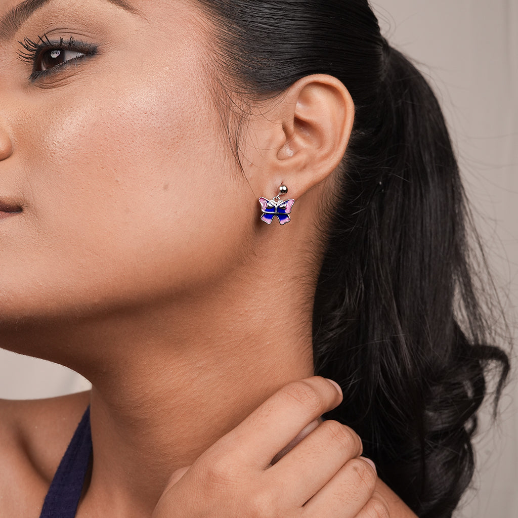 Silver Purple Enamel Drop Earrings