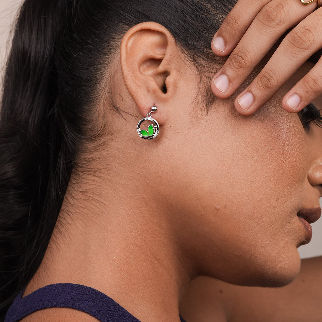 Silver Green Heart Stud Earrings