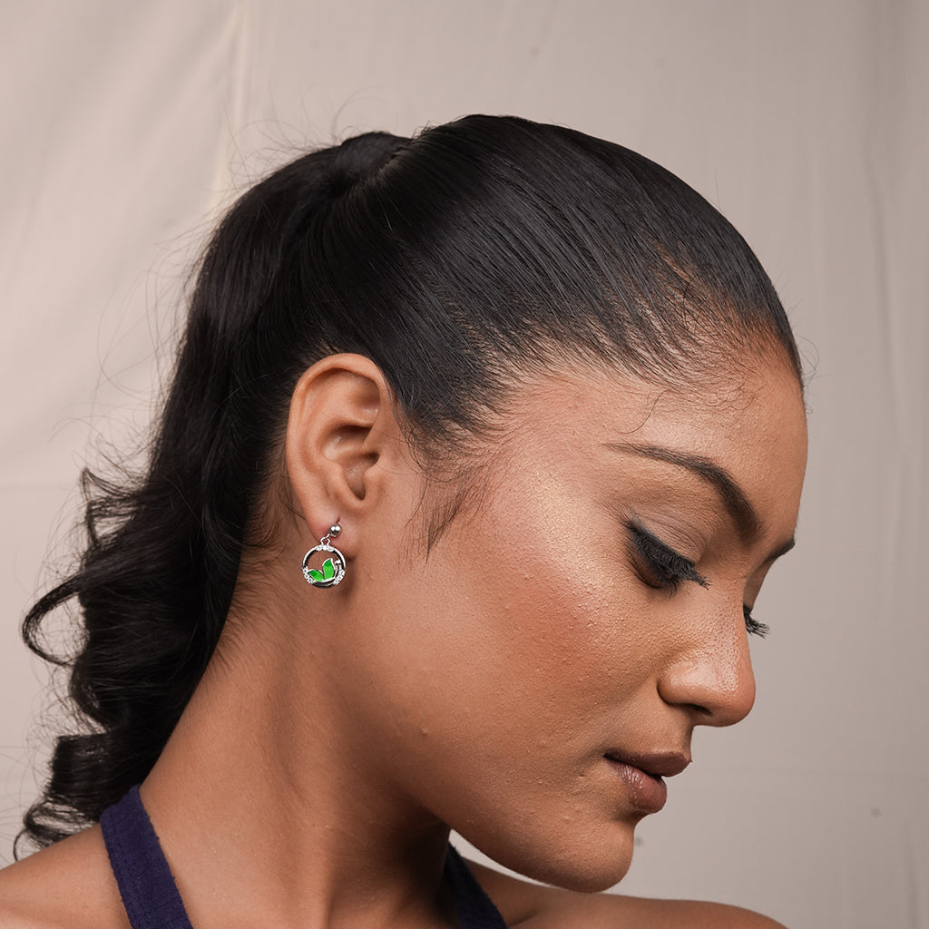 Silver Green Heart Stud Earrings