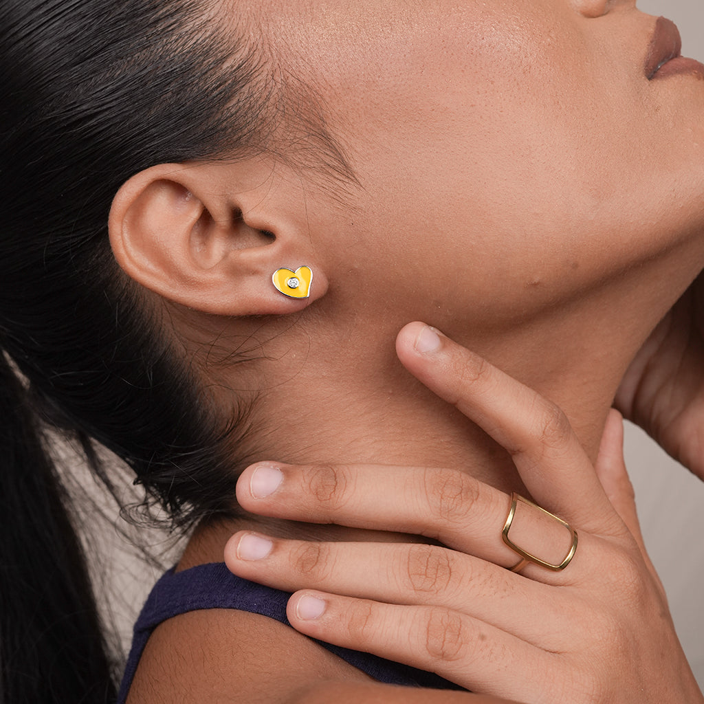 Silver Yellow Enamel Heart Stud Earrings 1