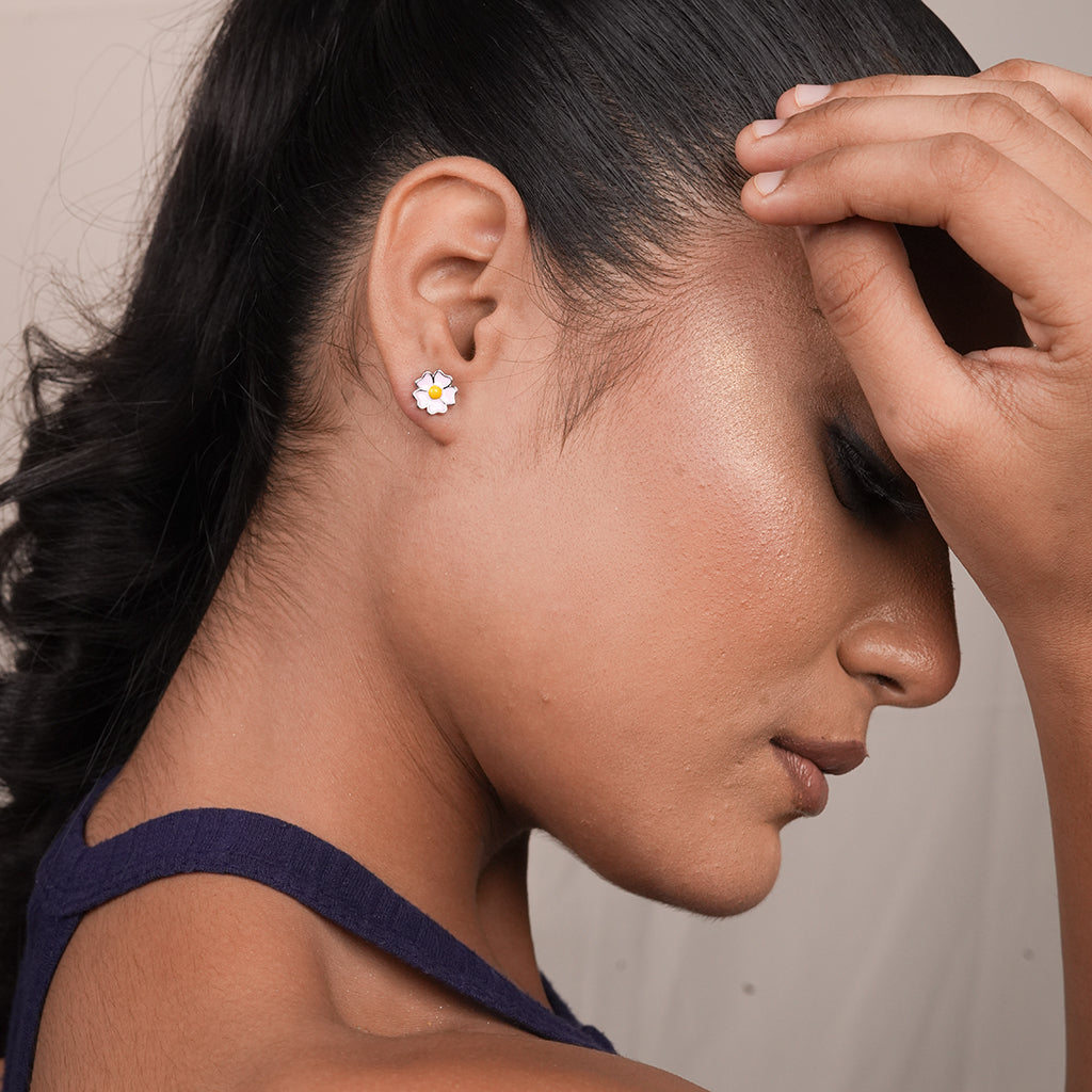 Silver Enamel Daisy Stud Earrings 4