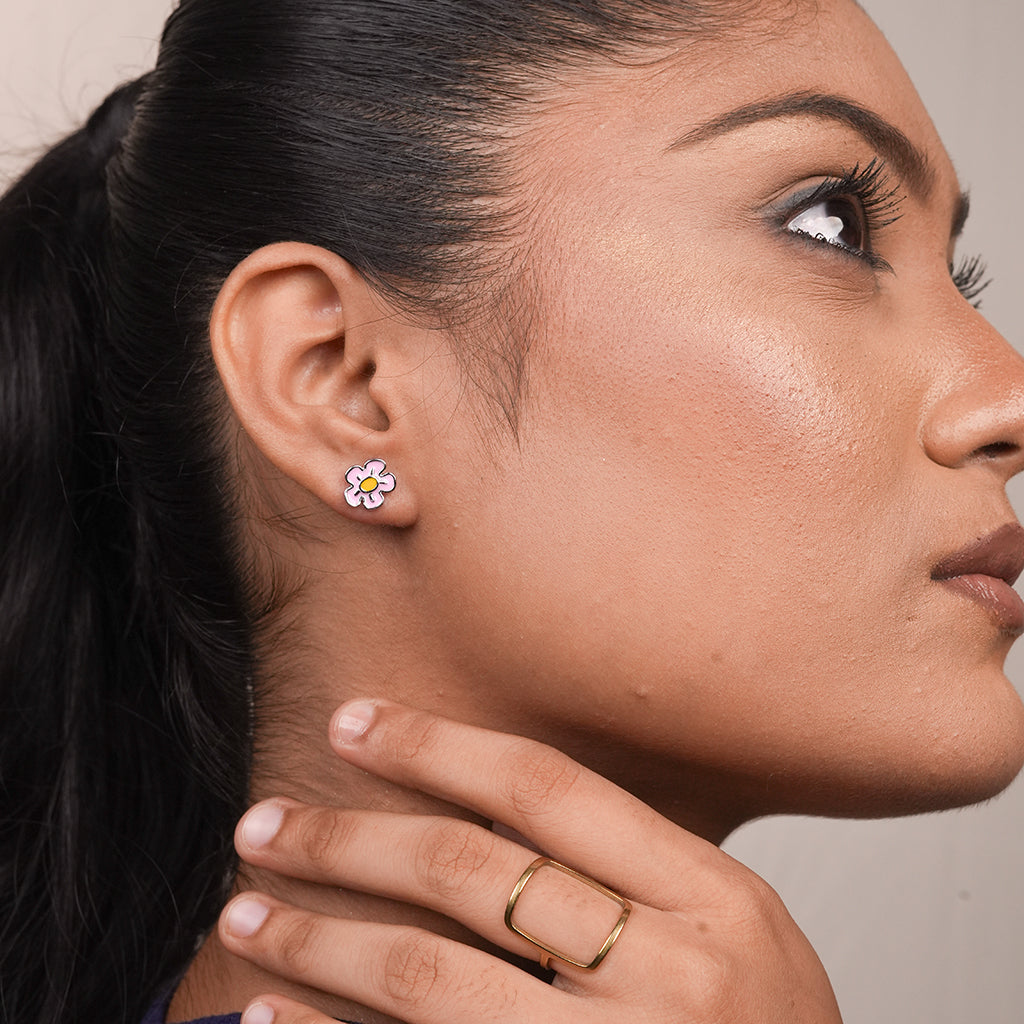 Silver Pink Enamel Daisy Stud Earrings 1