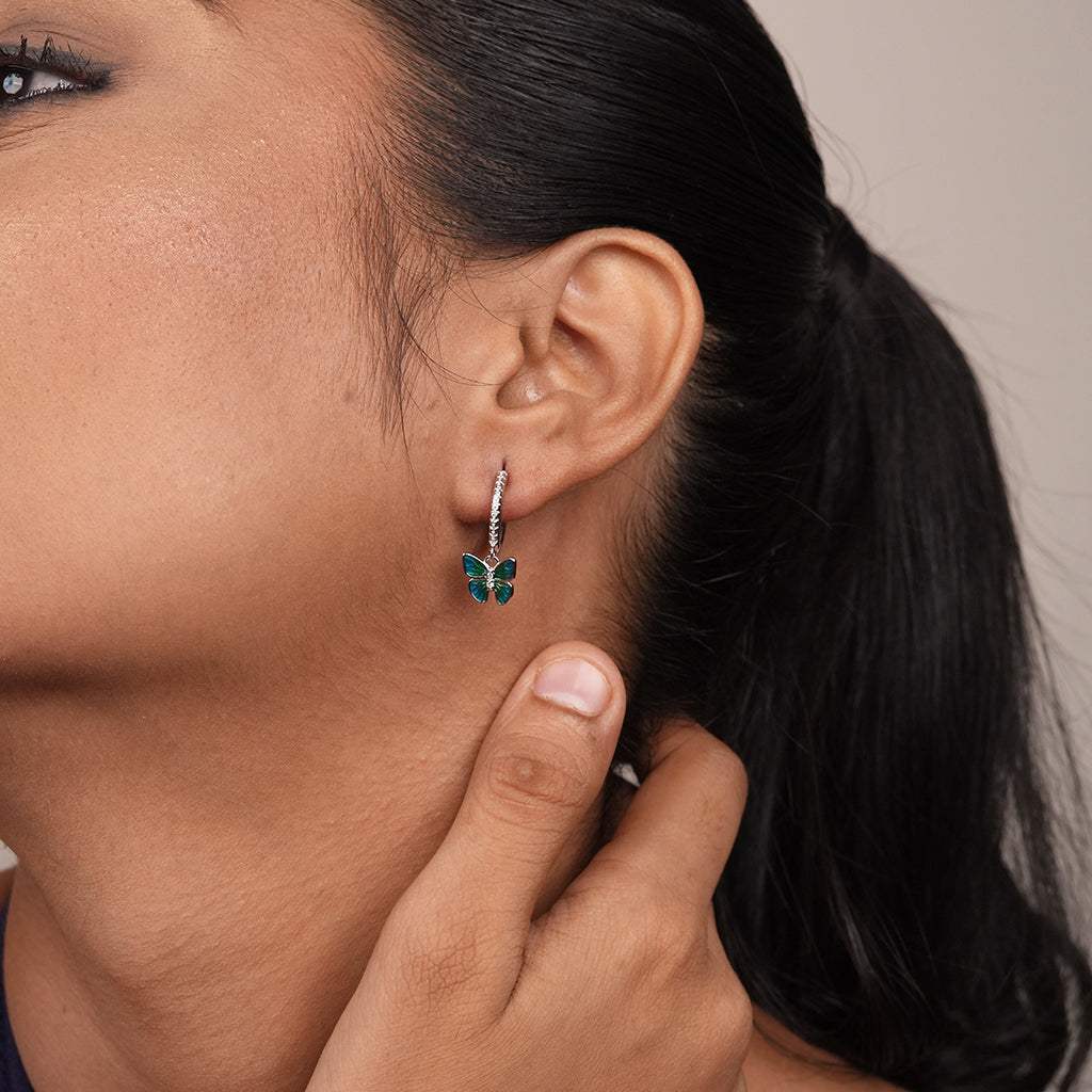 Silver Green Butterfly Ear Climber Earrings