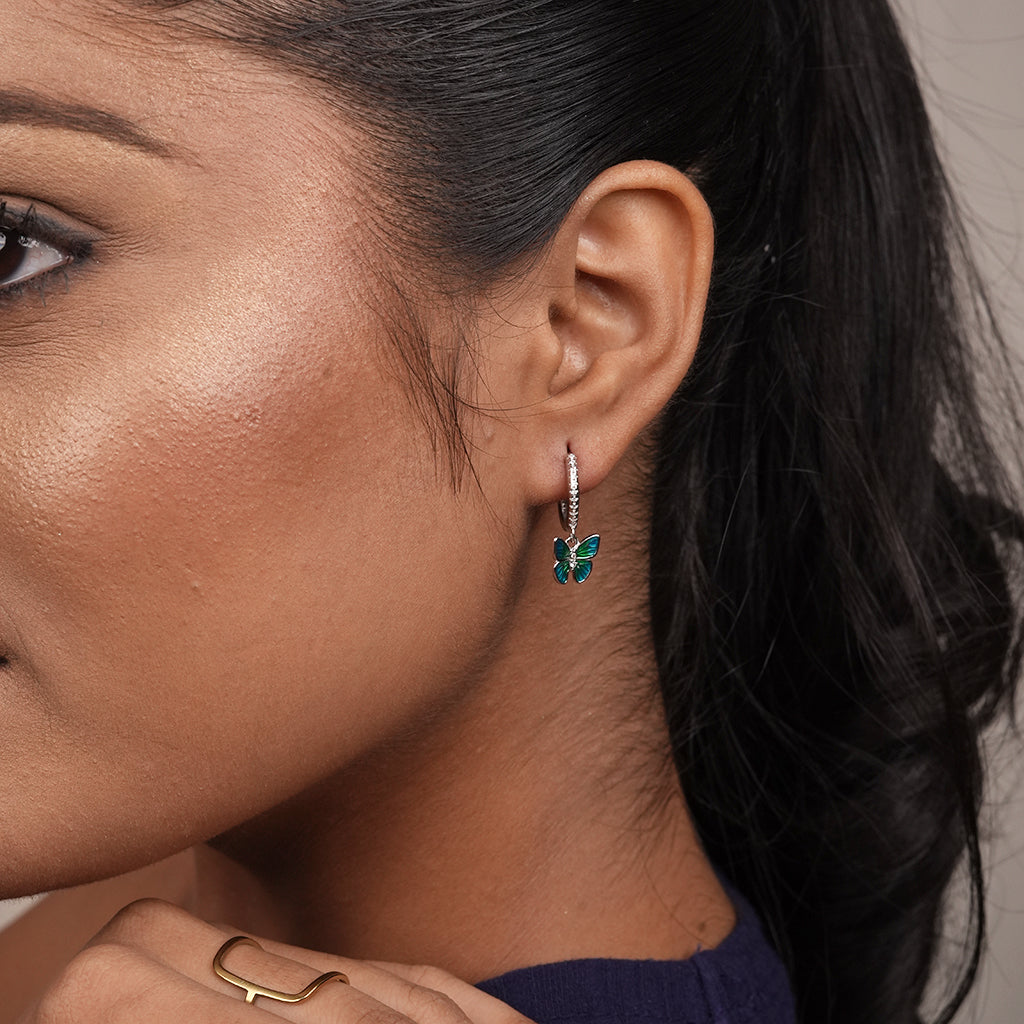 Silver Green Butterfly Ear Climber Earrings