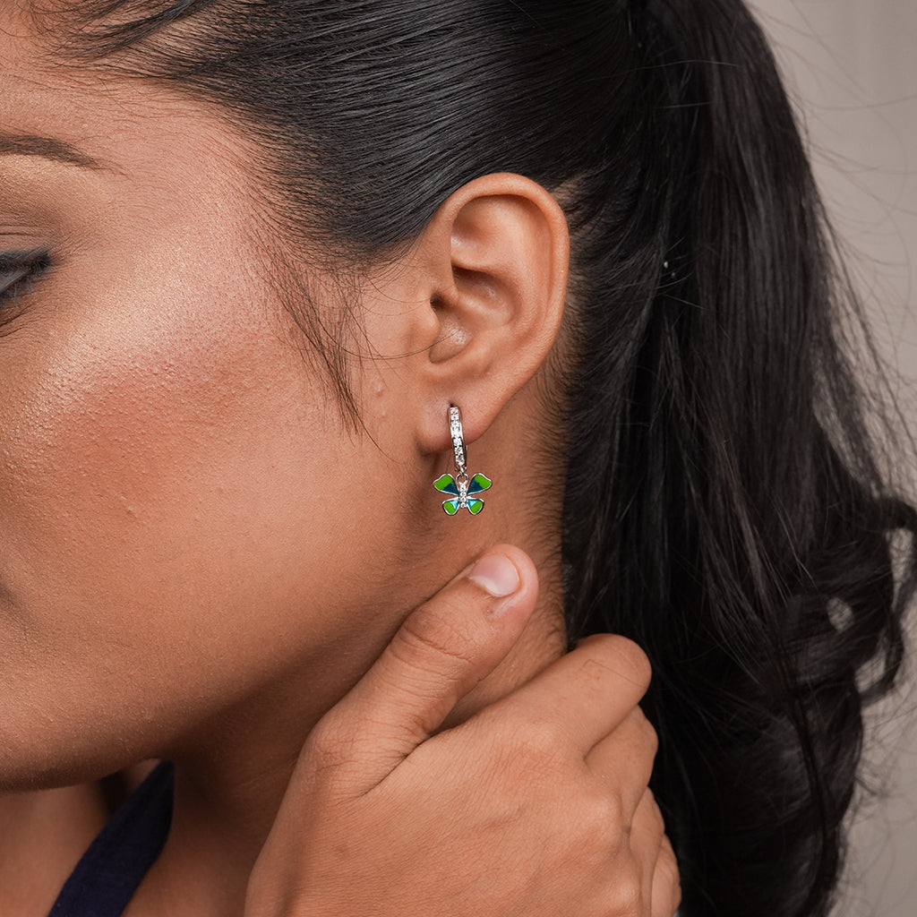 Silver Green Butterfly Huggie Drop Earrings