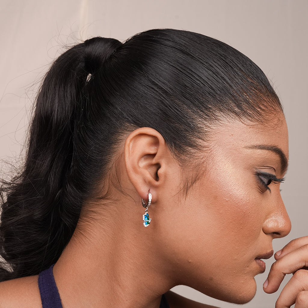 Silver Blue Pear Drop Huggie Earrings