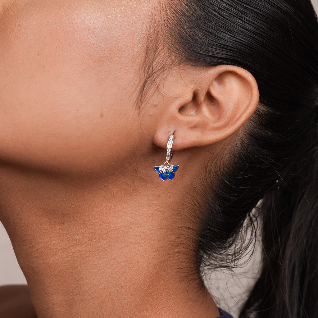 Silver Blue Butterfly Huggie Drop Earrings
