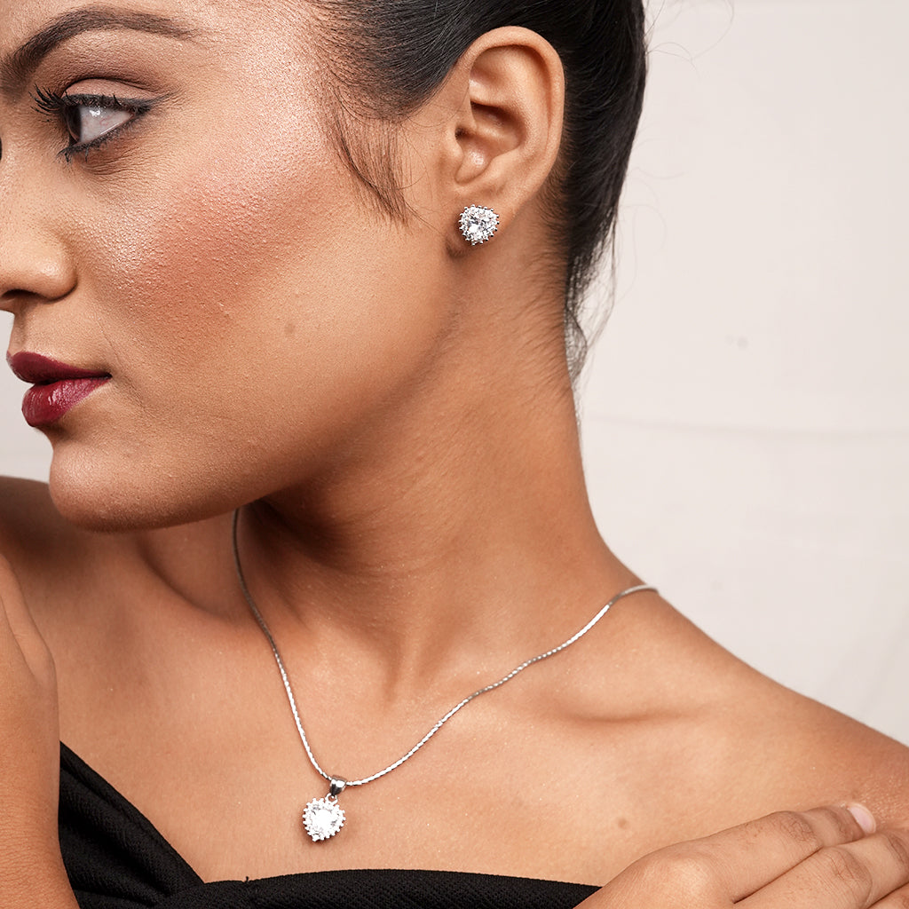 Silver Heart Halo CZ Necklace & Earring Set