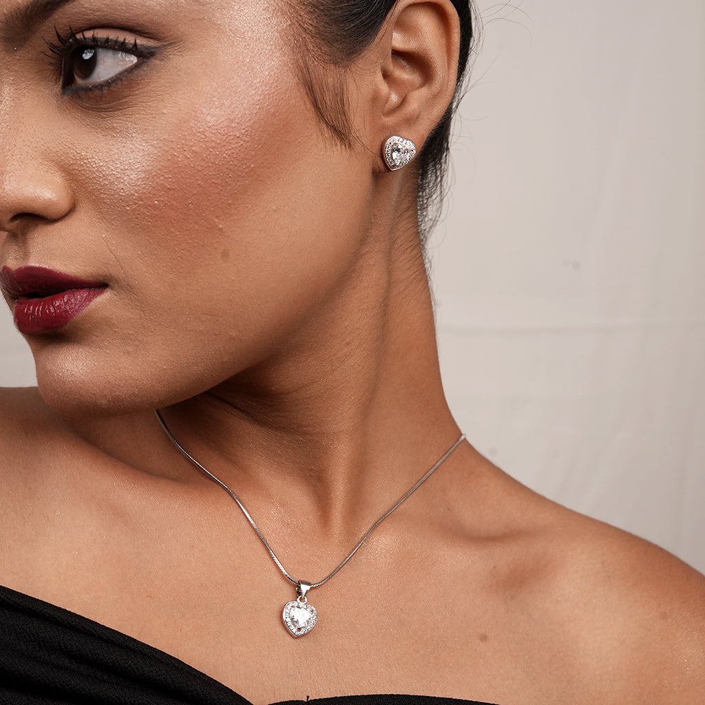 Silver Round Halo CZ Necklace & Earring Set